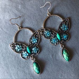 Teal Turquoise Butterfly Earrings Silver Tone Long